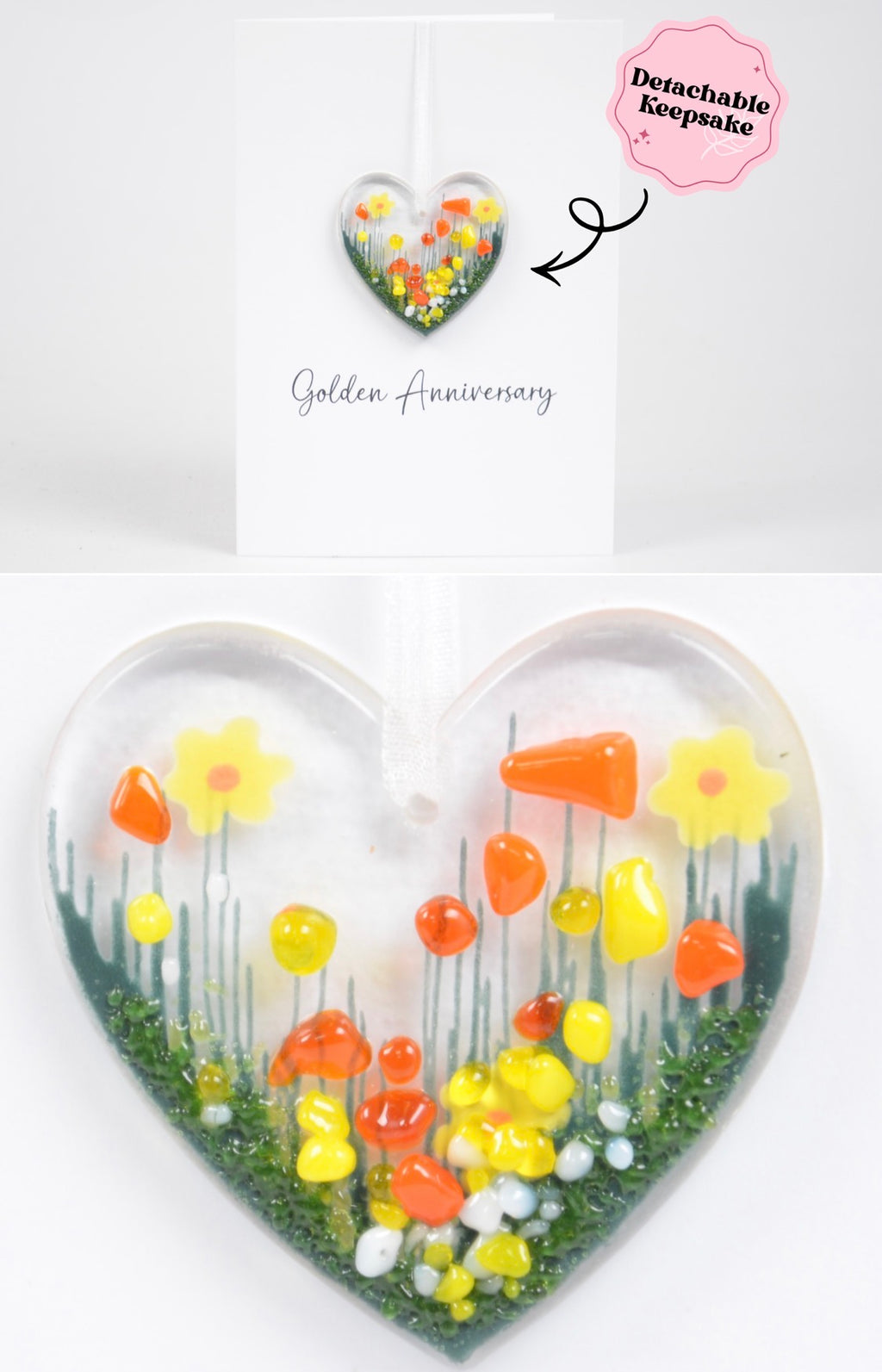 Handcrafted Welsh Glass Daffodil Heart by Pam Peters Designs